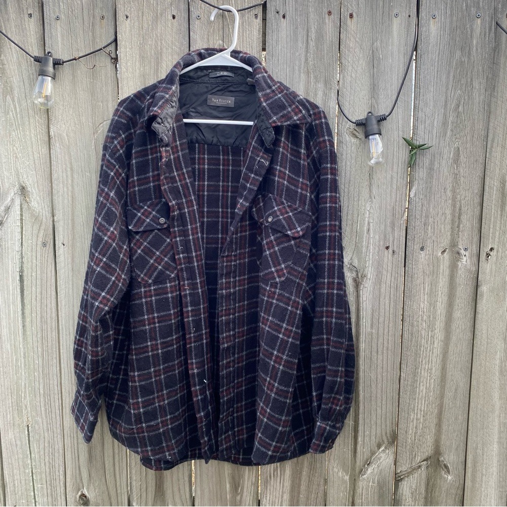 Van Heusen C.P.O. Plaid Flannel Shirt Jacket Mens XL Burgundy Acrylic Vintage‎